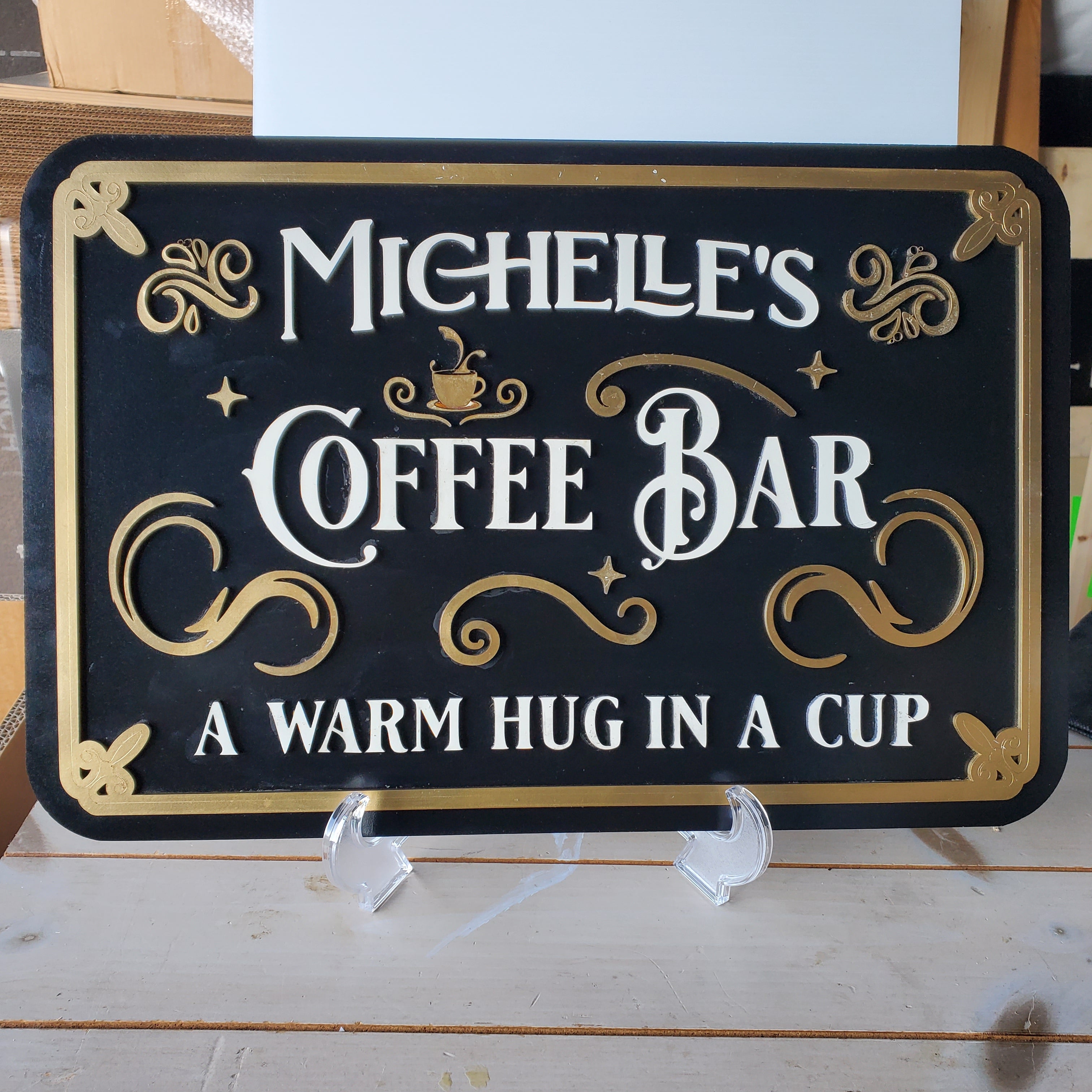 "Personalized wood coffee bar sign made from wood, featuring a custom design with a rustic charm. Perfect addition to any coffee lover's home decor.